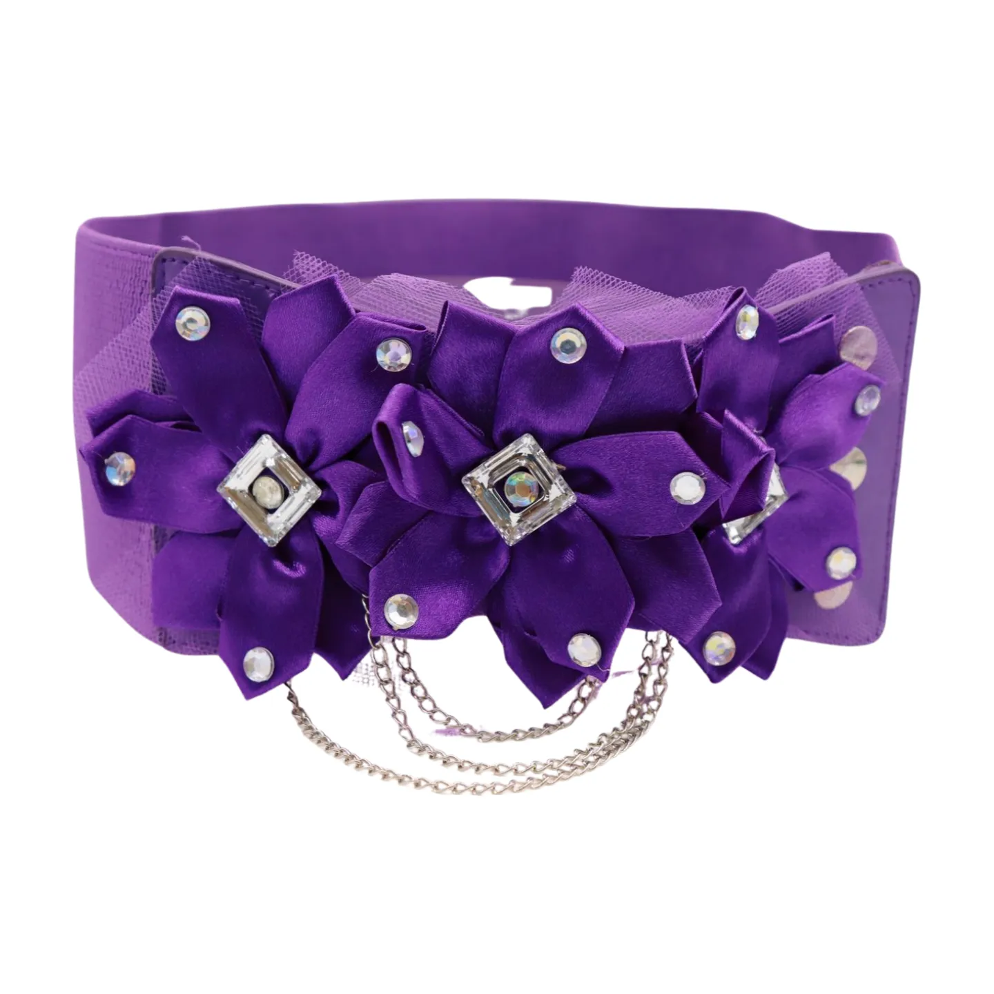 Women Purple Wide Elastic Band Belt High Waist Hip Lace Bling Flower Size S M