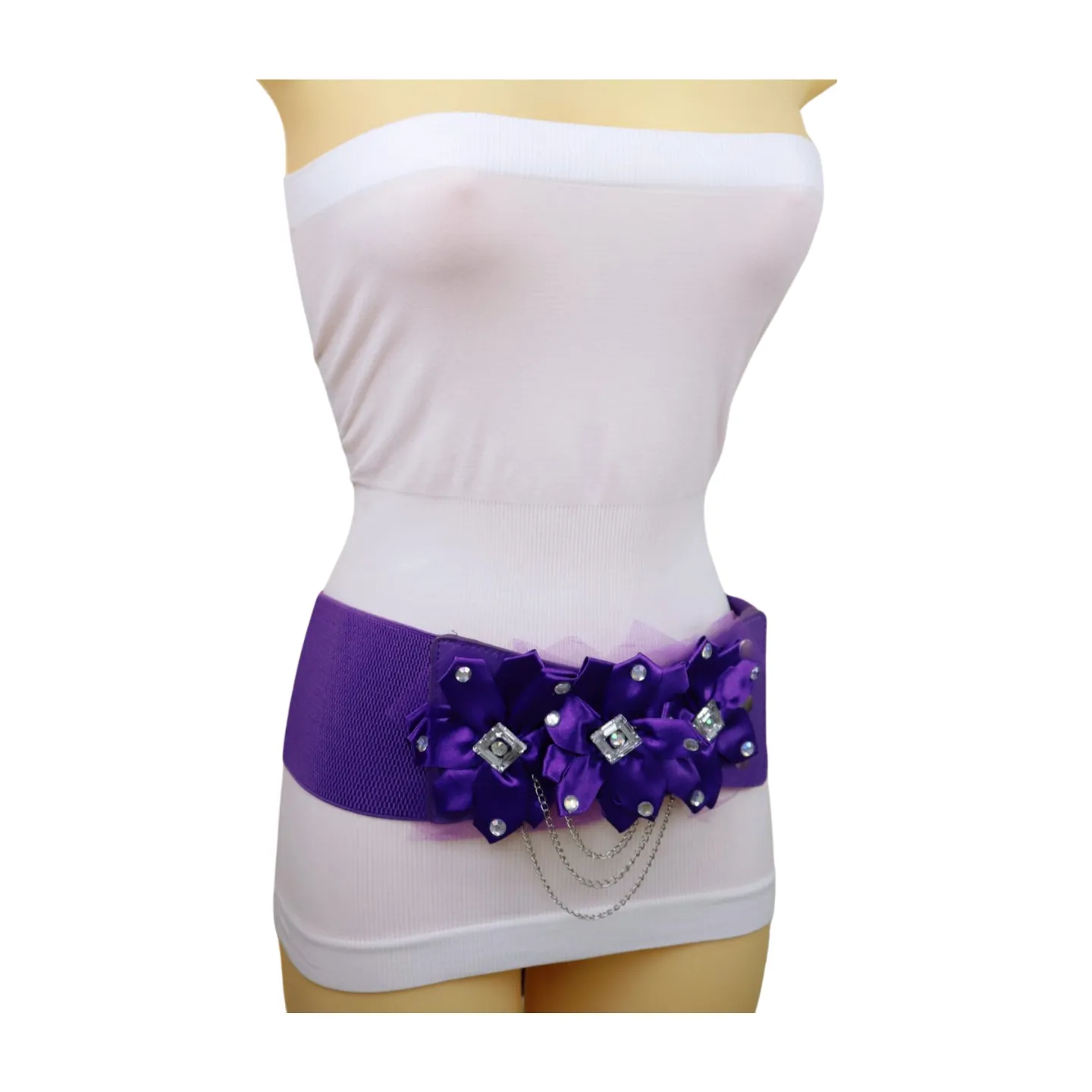 Women Purple Wide Elastic Band Belt High Waist Hip Lace Bling Flower Size S M