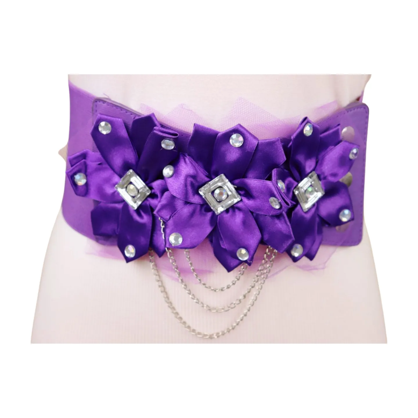 Women Purple Wide Elastic Band Belt High Waist Hip Lace Bling Flower Size S M