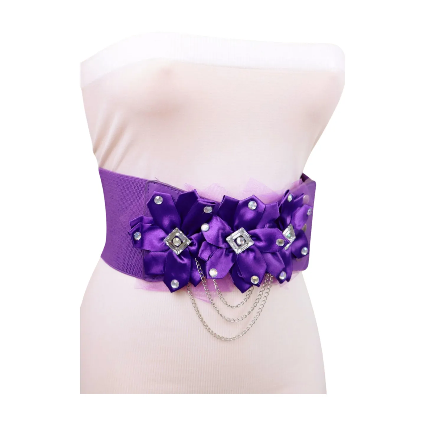 Women Purple Wide Elastic Band Belt High Waist Hip Lace Bling Flower Size S M