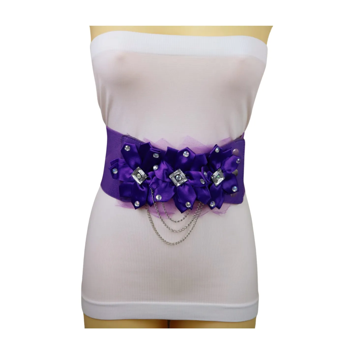 Women Purple Wide Elastic Band Belt High Waist Hip Lace Bling Flower Size S M