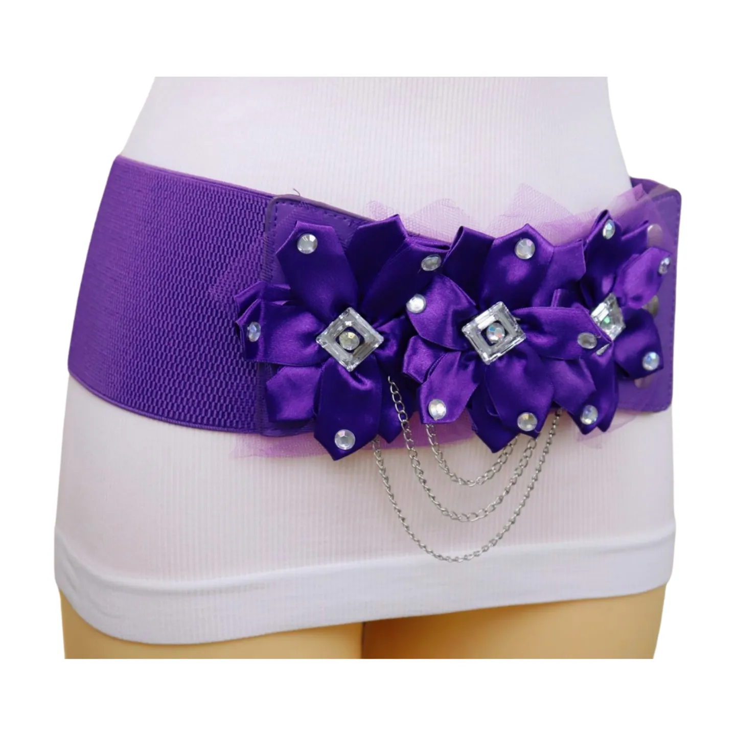 Women Purple Wide Elastic Band Belt High Waist Hip Lace Bling Flower Size S M