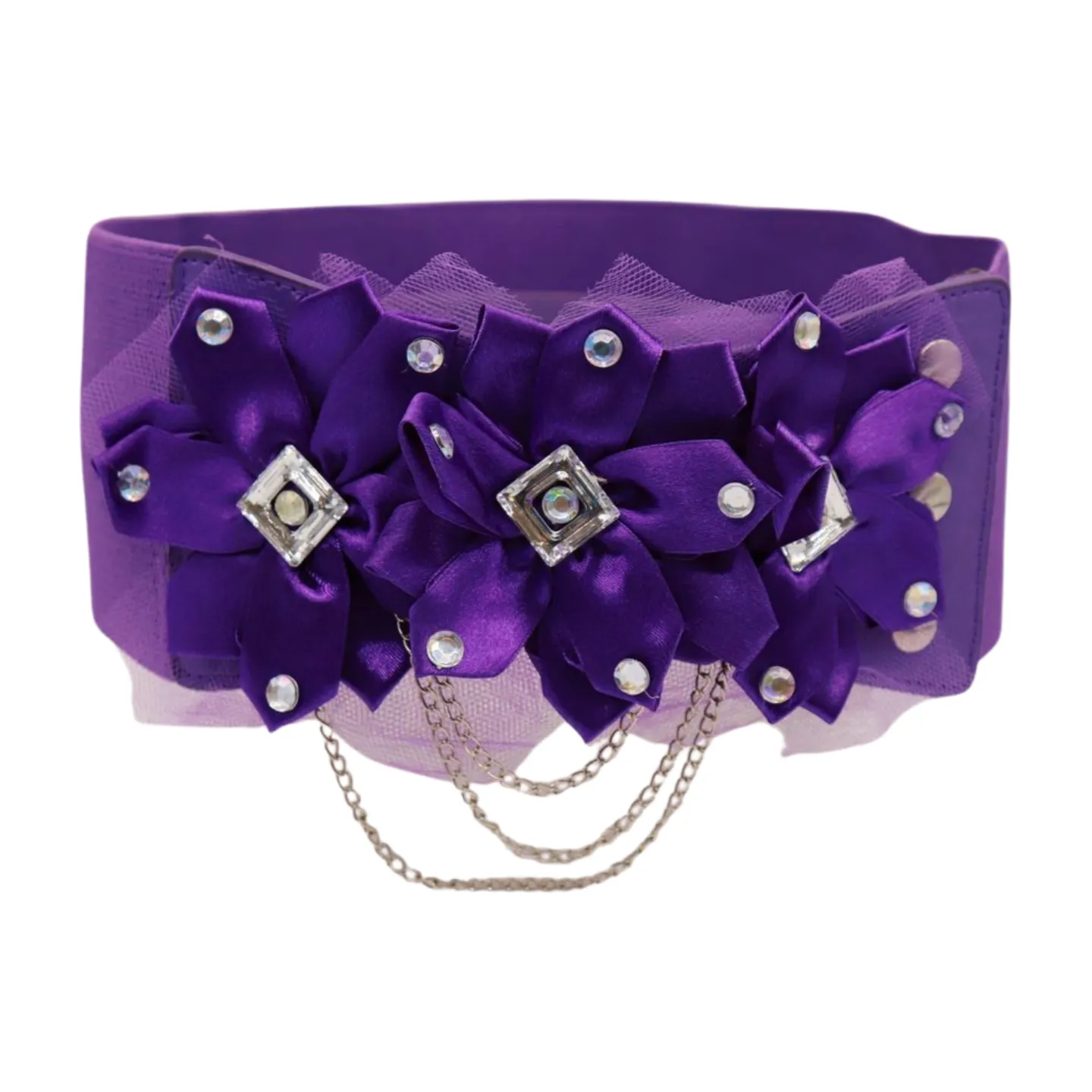 Women Purple Wide Elastic Band Belt High Waist Hip Lace Bling Flower Size S M
