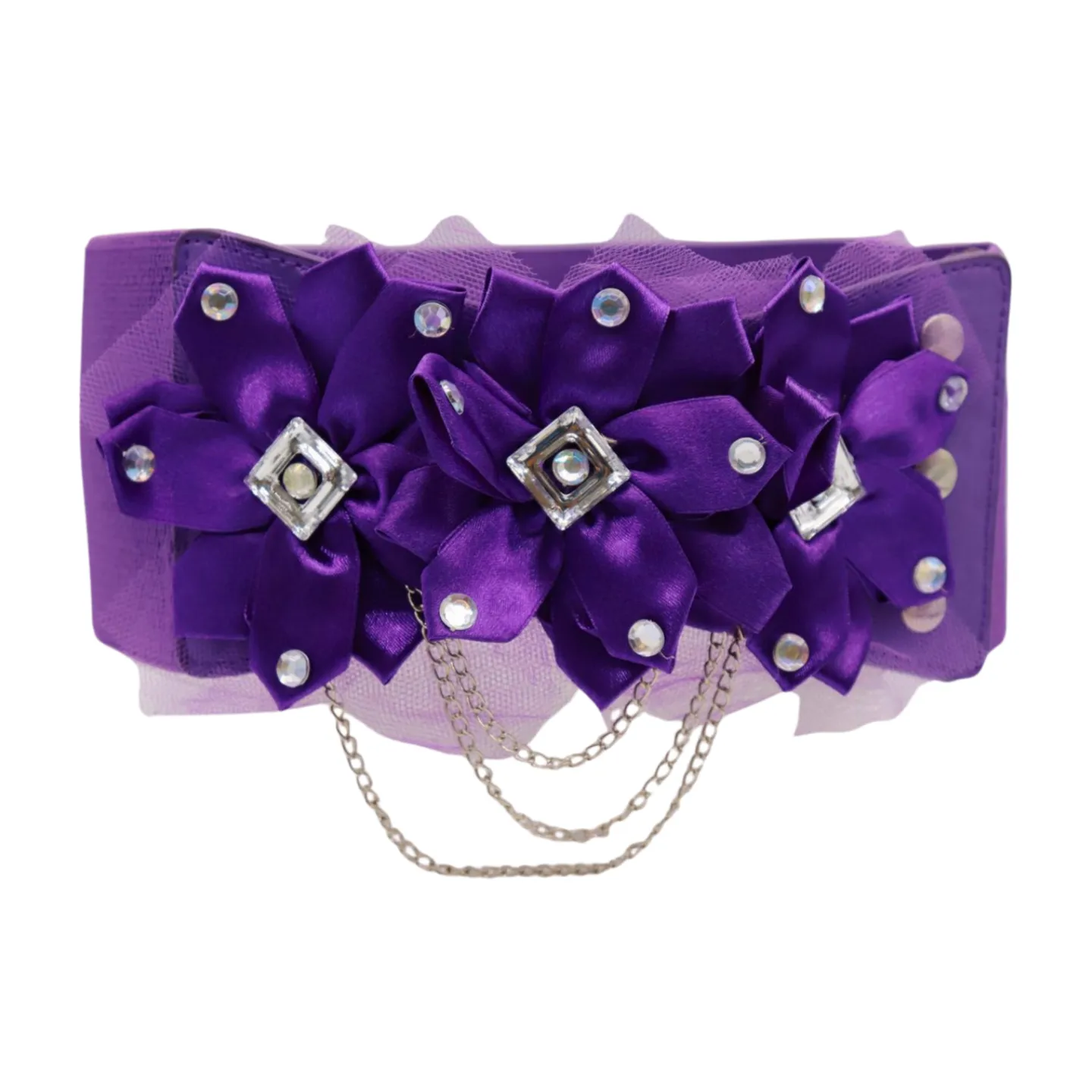 Women Purple Wide Elastic Band Belt High Waist Hip Lace Bling Flower Size S M