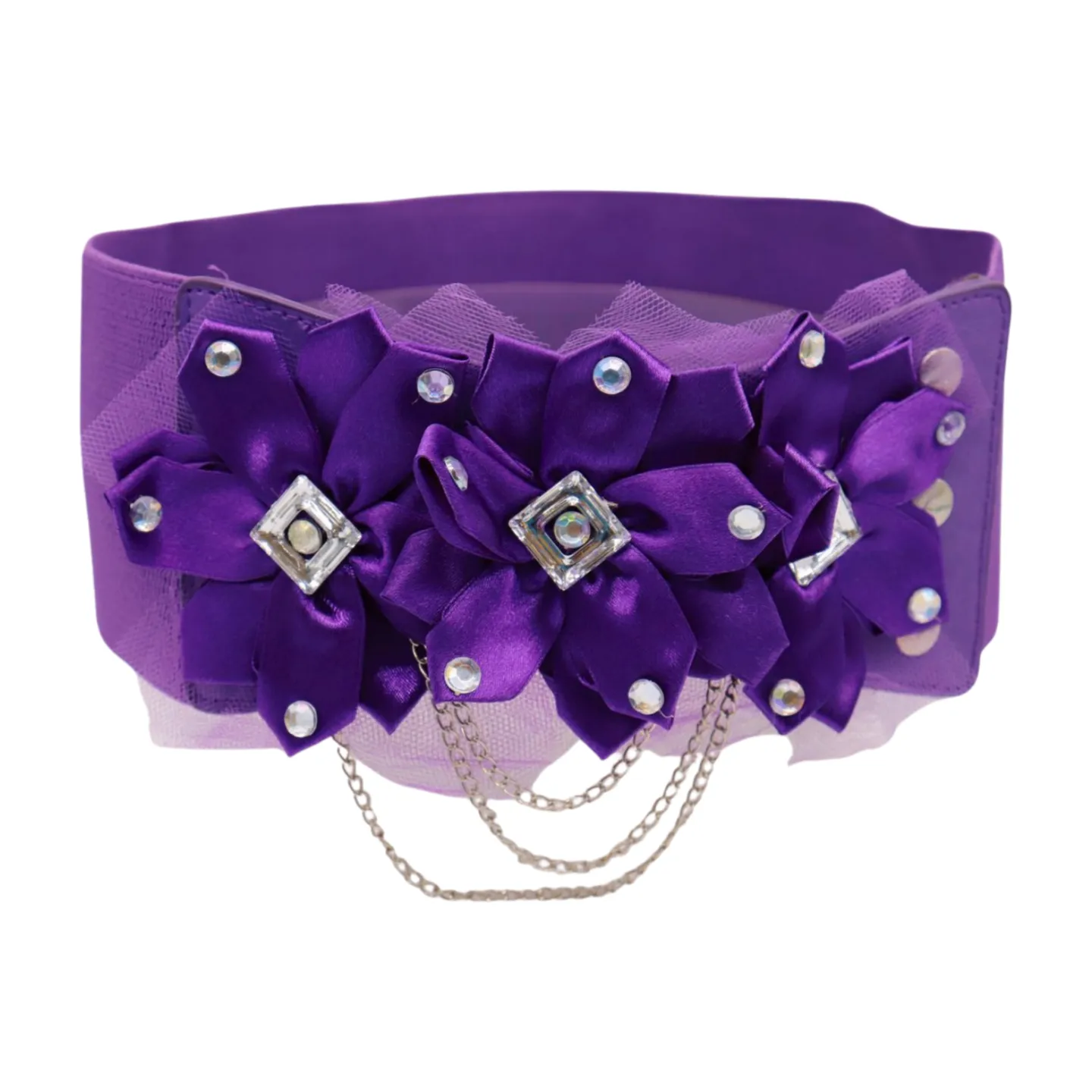 Women Purple Wide Elastic Band Belt High Waist Hip Lace Bling Flower Size S M