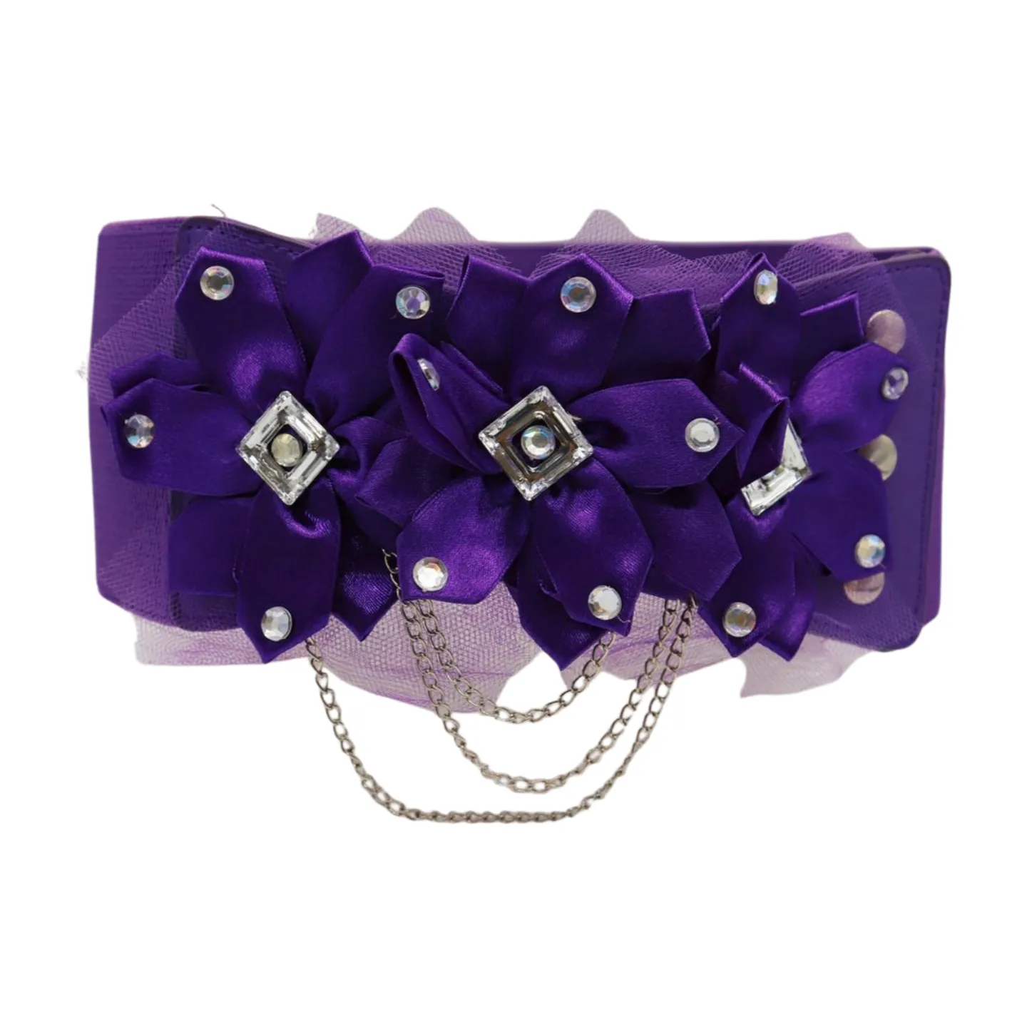 Women Purple Wide Elastic Band Belt High Waist Hip Lace Bling Flower Size S M