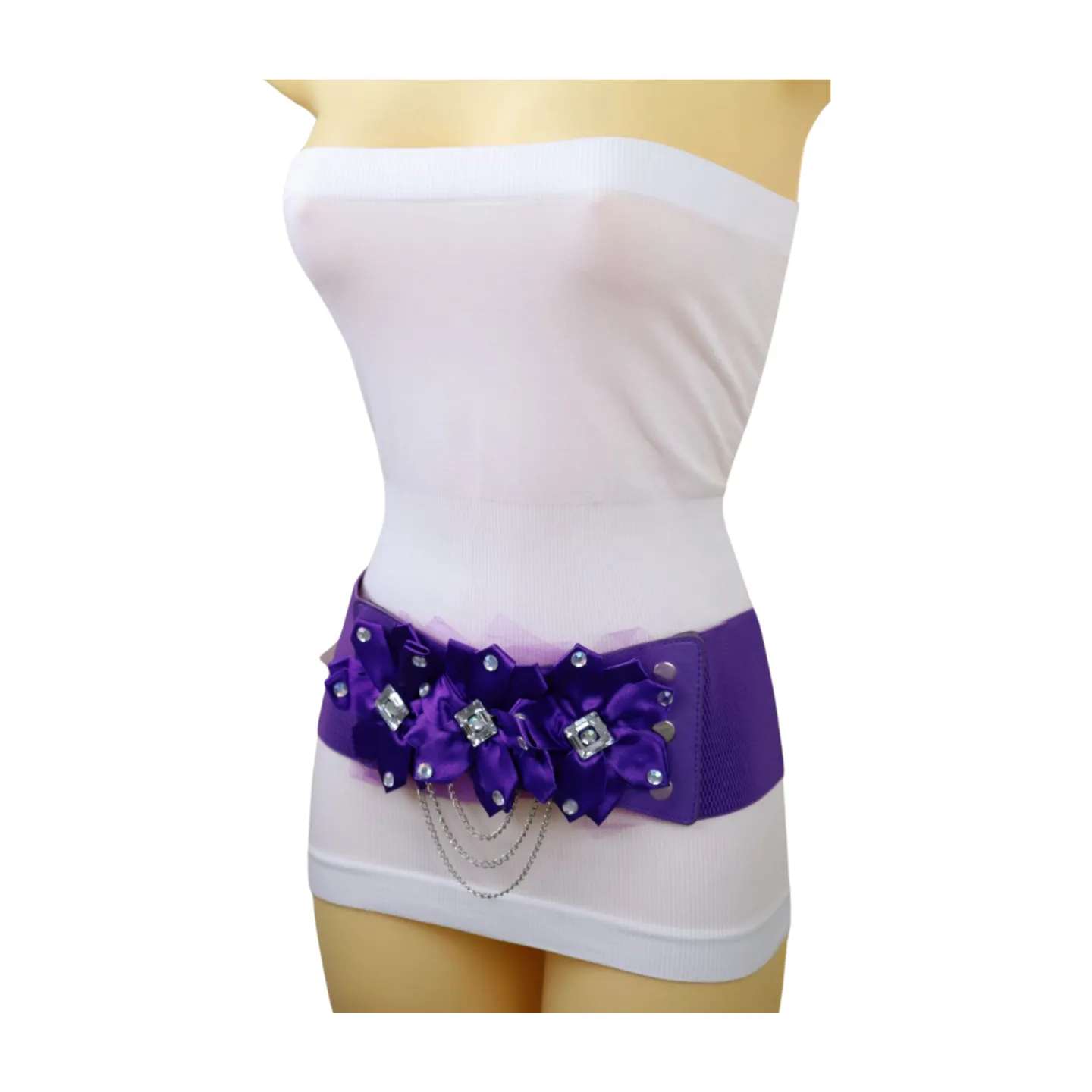 Women Purple Wide Elastic Band Belt High Waist Hip Lace Bling Flower Size S M