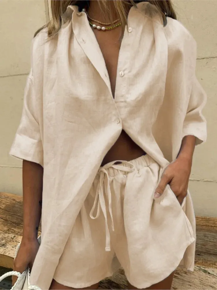 Women Short Sleeve Cotton Linen Set