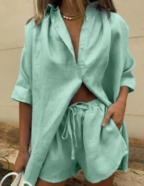 Women Short Sleeve Cotton Linen Set