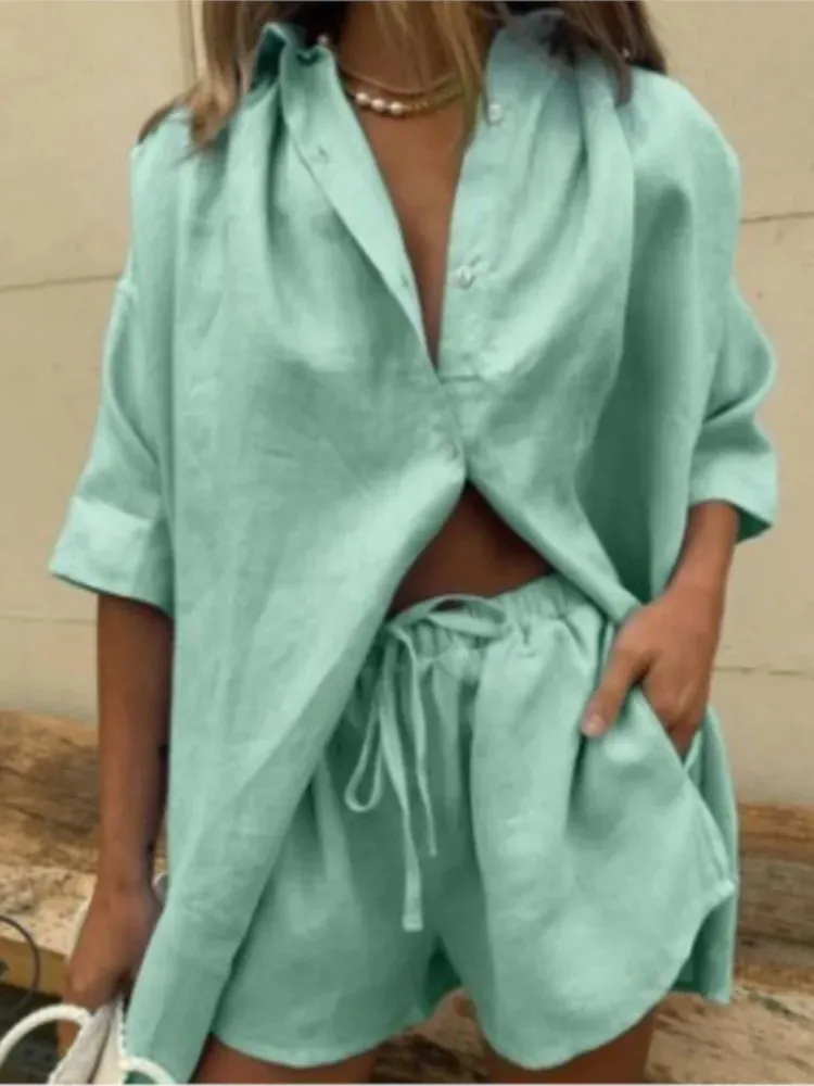 Women Short Sleeve Cotton Linen Set