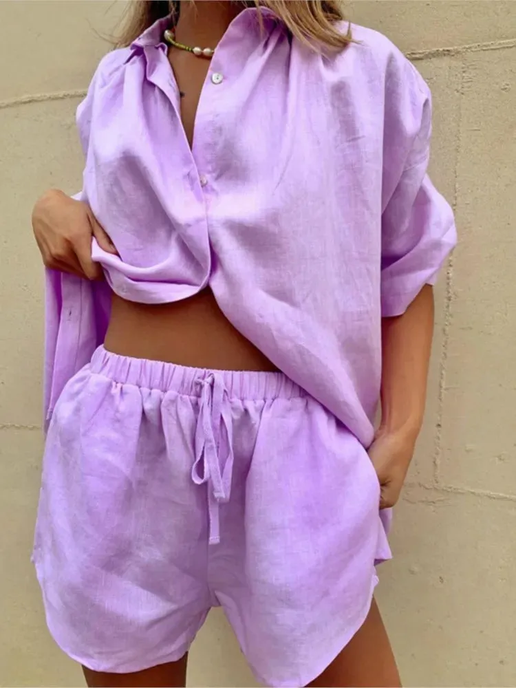 Women Short Sleeve Cotton Linen Set