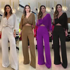 women's casual solid color cotton blend polyester patchwork pants sets