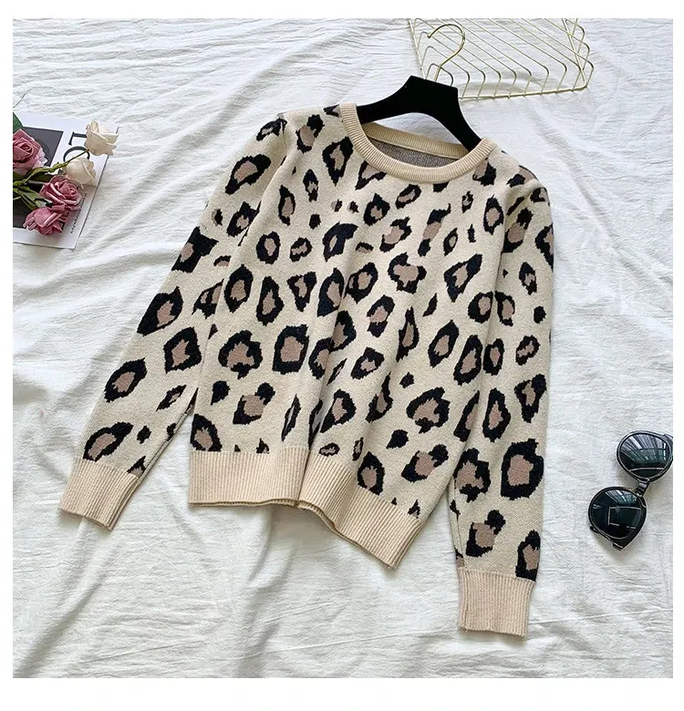 Women's Designer Leisure Pant Suit Long Sleeve Knit Leopard Pullover Sweater   Elastic Waist Sweat Type Pants Set 2-Piece Outfit