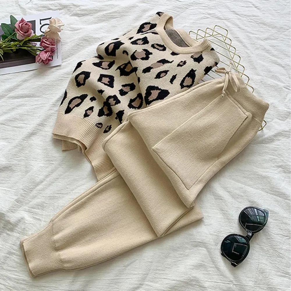 Women's Designer Leisure Pant Suit Long Sleeve Knit Leopard Pullover Sweater   Elastic Waist Sweat Type Pants Set 2-Piece Outfit