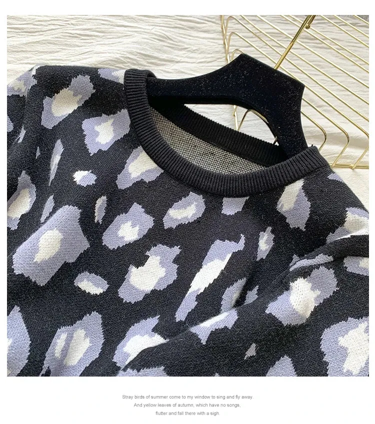 Women's Designer Leisure Pant Suit Long Sleeve Knit Leopard Pullover Sweater   Elastic Waist Sweat Type Pants Set 2-Piece Outfit