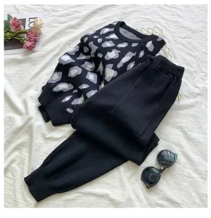 Women's Designer Leisure Pant Suit Long Sleeve Knit Leopard Pullover Sweater   Elastic Waist Sweat Type Pants Set 2-Piece Outfit