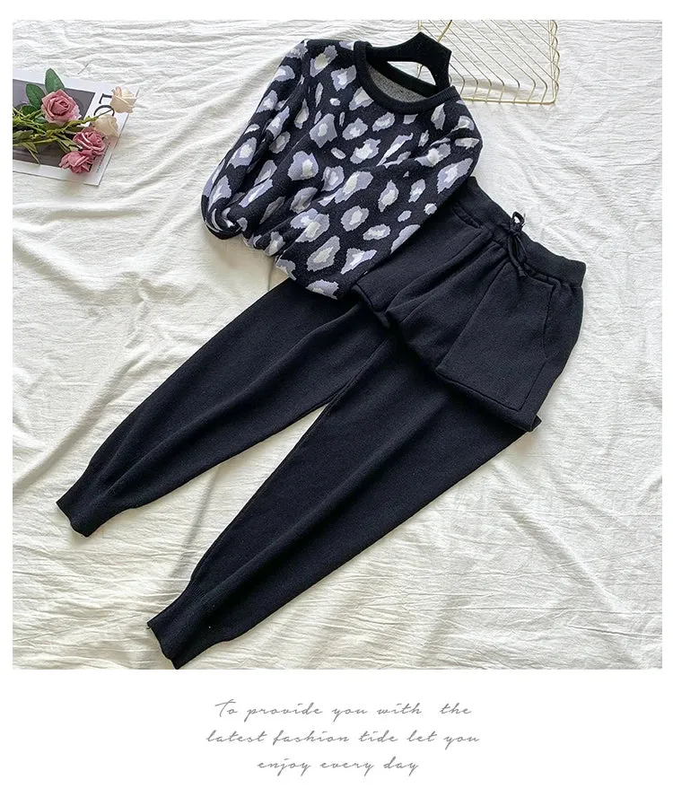 Women's Designer Leisure Pant Suit Long Sleeve Knit Leopard Pullover Sweater   Elastic Waist Sweat Type Pants Set 2-Piece Outfit