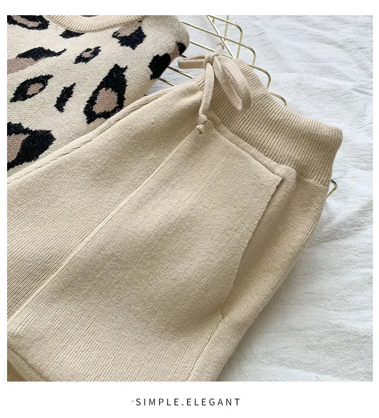 Women's Designer Leisure Pant Suit Long Sleeve Knit Leopard Pullover Sweater   Elastic Waist Sweat Type Pants Set 2-Piece Outfit