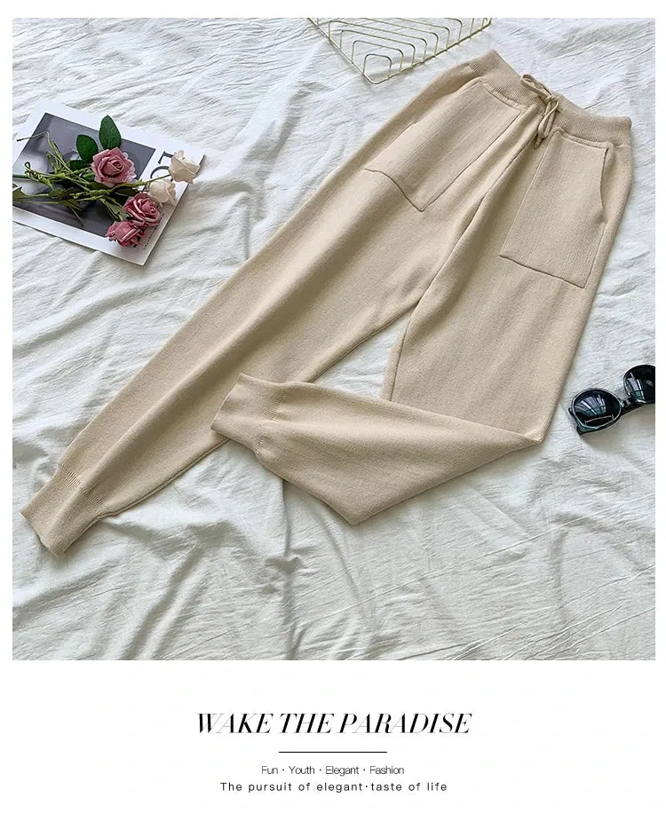 Women's Designer Leisure Pant Suit Long Sleeve Knit Leopard Pullover Sweater   Elastic Waist Sweat Type Pants Set 2-Piece Outfit