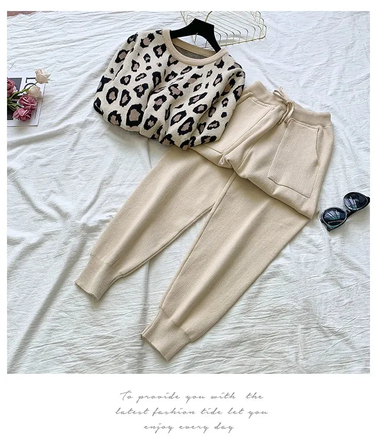 Women's Designer Leisure Pant Suit Long Sleeve Knit Leopard Pullover Sweater   Elastic Waist Sweat Type Pants Set 2-Piece Outfit