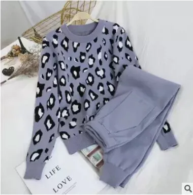 Women's Designer Leisure Pant Suit Long Sleeve Knit Leopard Pullover Sweater   Elastic Waist Sweat Type Pants Set 2-Piece Outfit