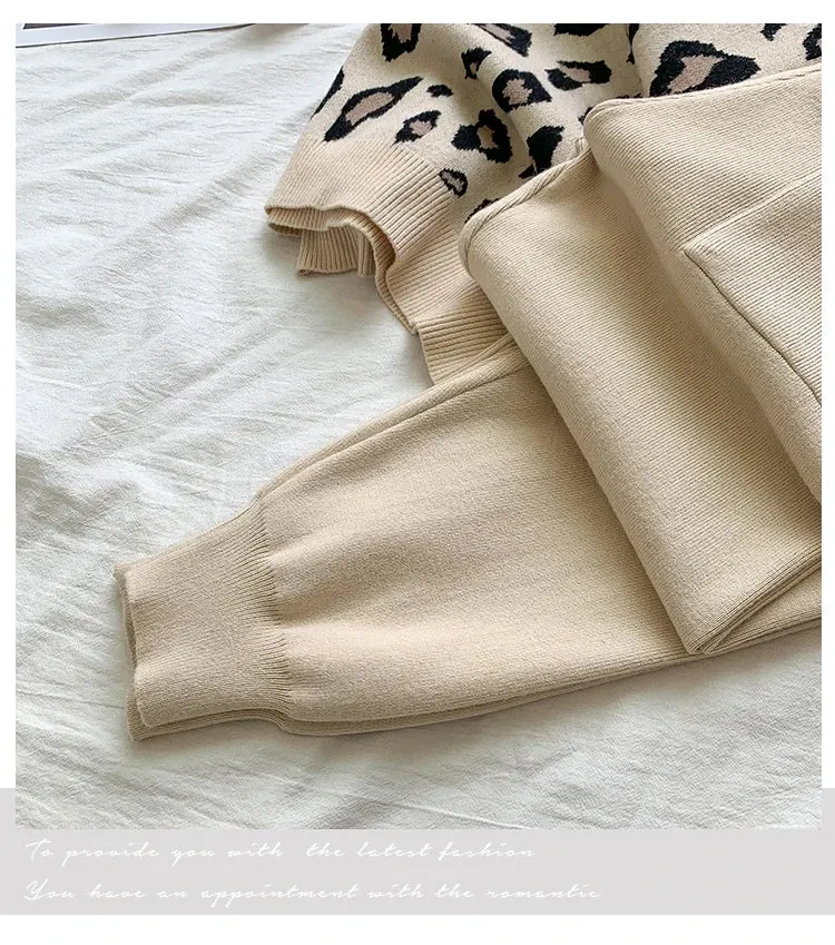 Women's Designer Leisure Pant Suit Long Sleeve Knit Leopard Pullover Sweater   Elastic Waist Sweat Type Pants Set 2-Piece Outfit