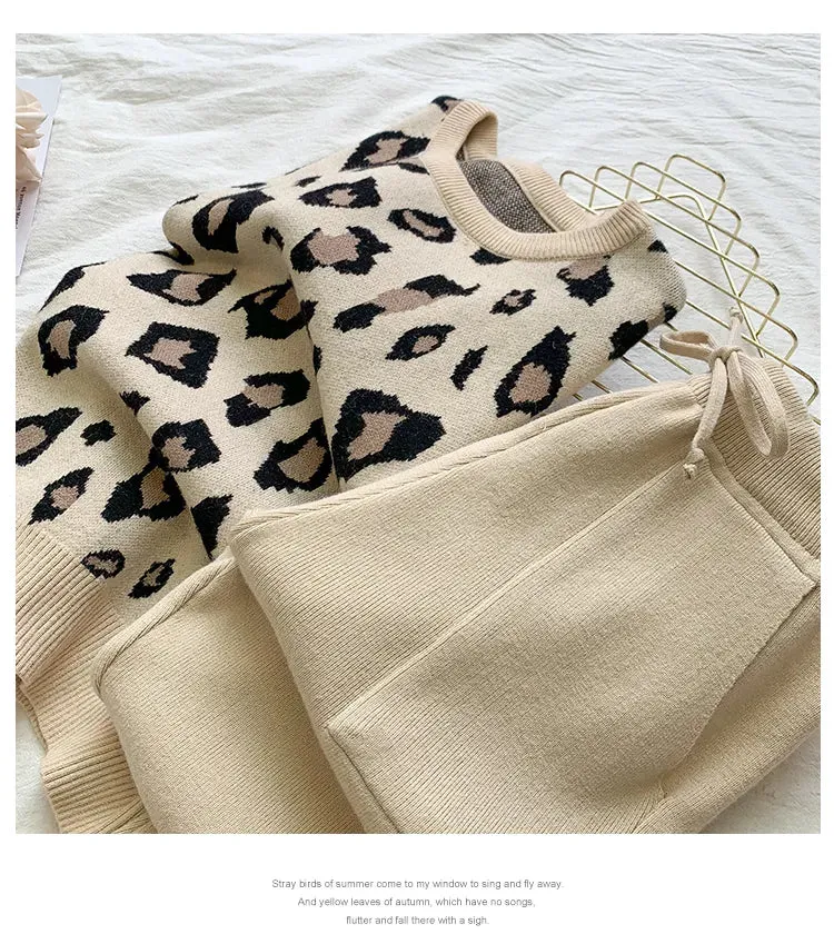 Women's Designer Leisure Pant Suit Long Sleeve Knit Leopard Pullover Sweater   Elastic Waist Sweat Type Pants Set 2-Piece Outfit