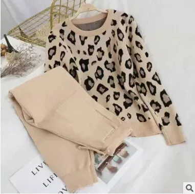 Women's Designer Leisure Pant Suit Long Sleeve Knit Leopard Pullover Sweater   Elastic Waist Sweat Type Pants Set 2-Piece Outfit