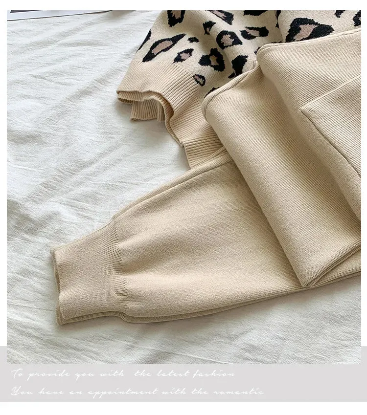 Women's Designer Leisure Pant Suit Long Sleeve Knit Leopard Pullover Sweater   Elastic Waist Sweat Type Pants Set 2-Piece Outfit