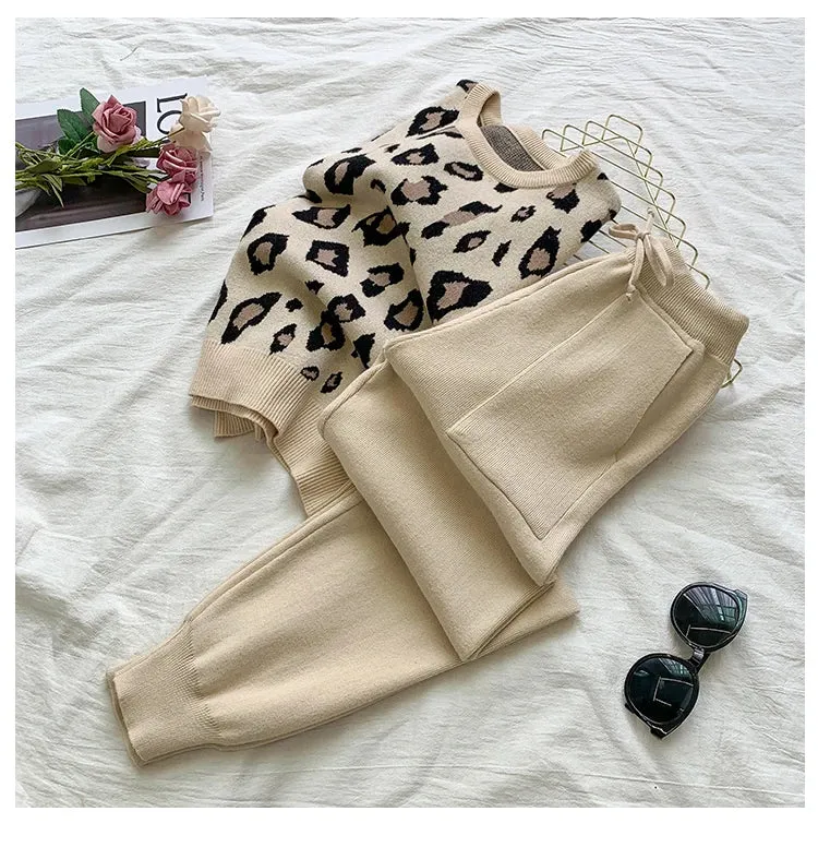Women's Designer Leisure Pant Suit Long Sleeve Knit Leopard Pullover Sweater   Elastic Waist Sweat Type Pants Set 2-Piece Outfit