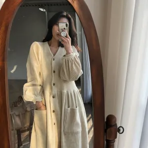 Women's Elegant Corduroy Dress with Pocket Vintage Long Dress Full Sleeve Single Breasted Dress