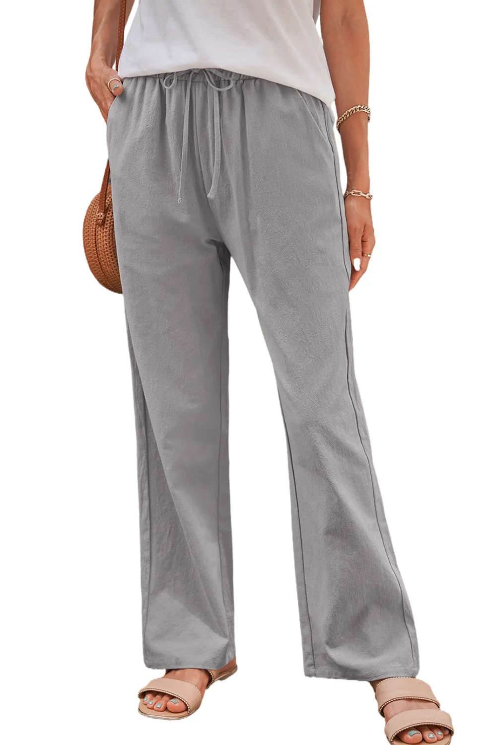 Women's Gray Drawstring Elastic Waist Pockets Long Straight Legs Pants