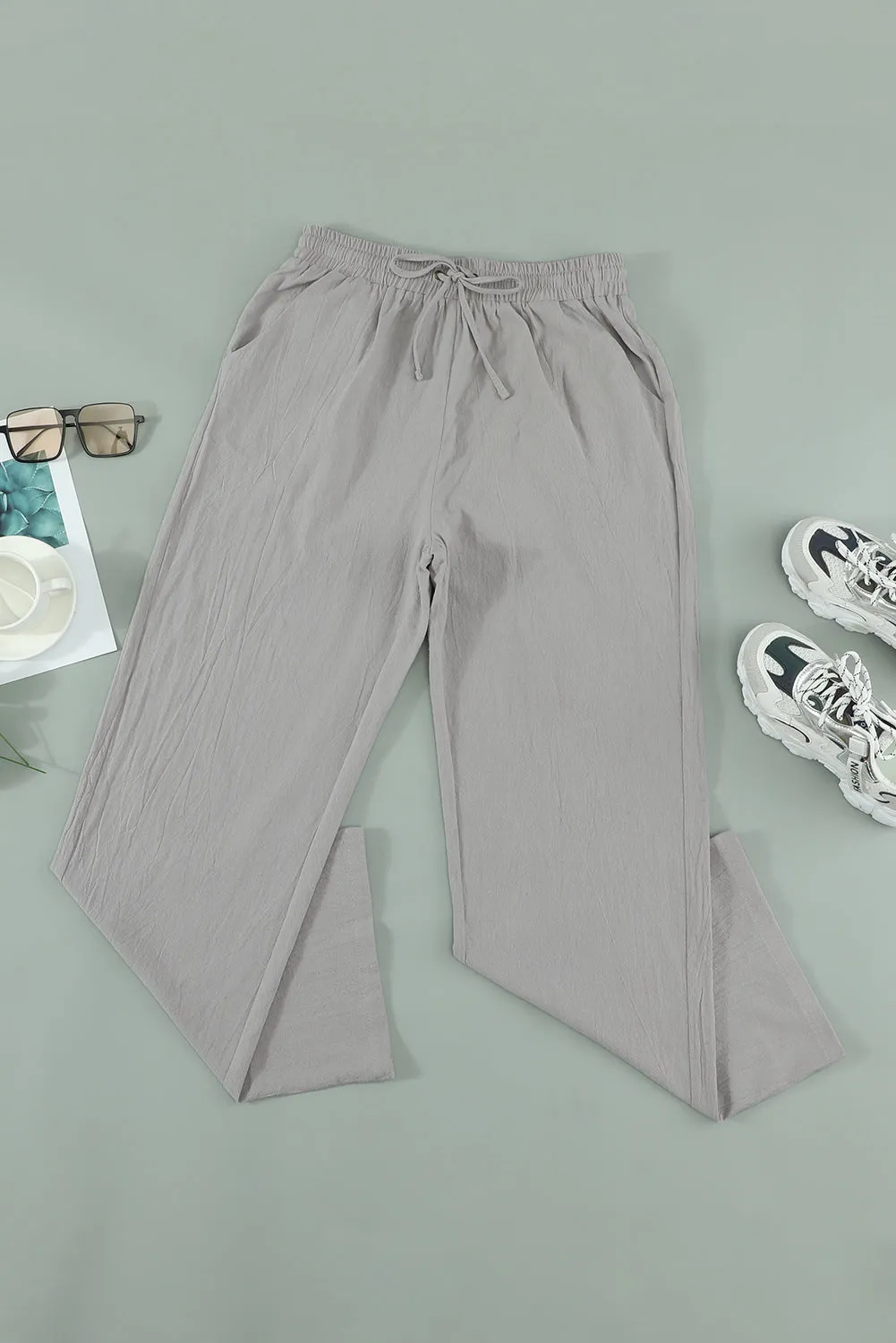 Women's Gray Drawstring Elastic Waist Pockets Long Straight Legs Pants