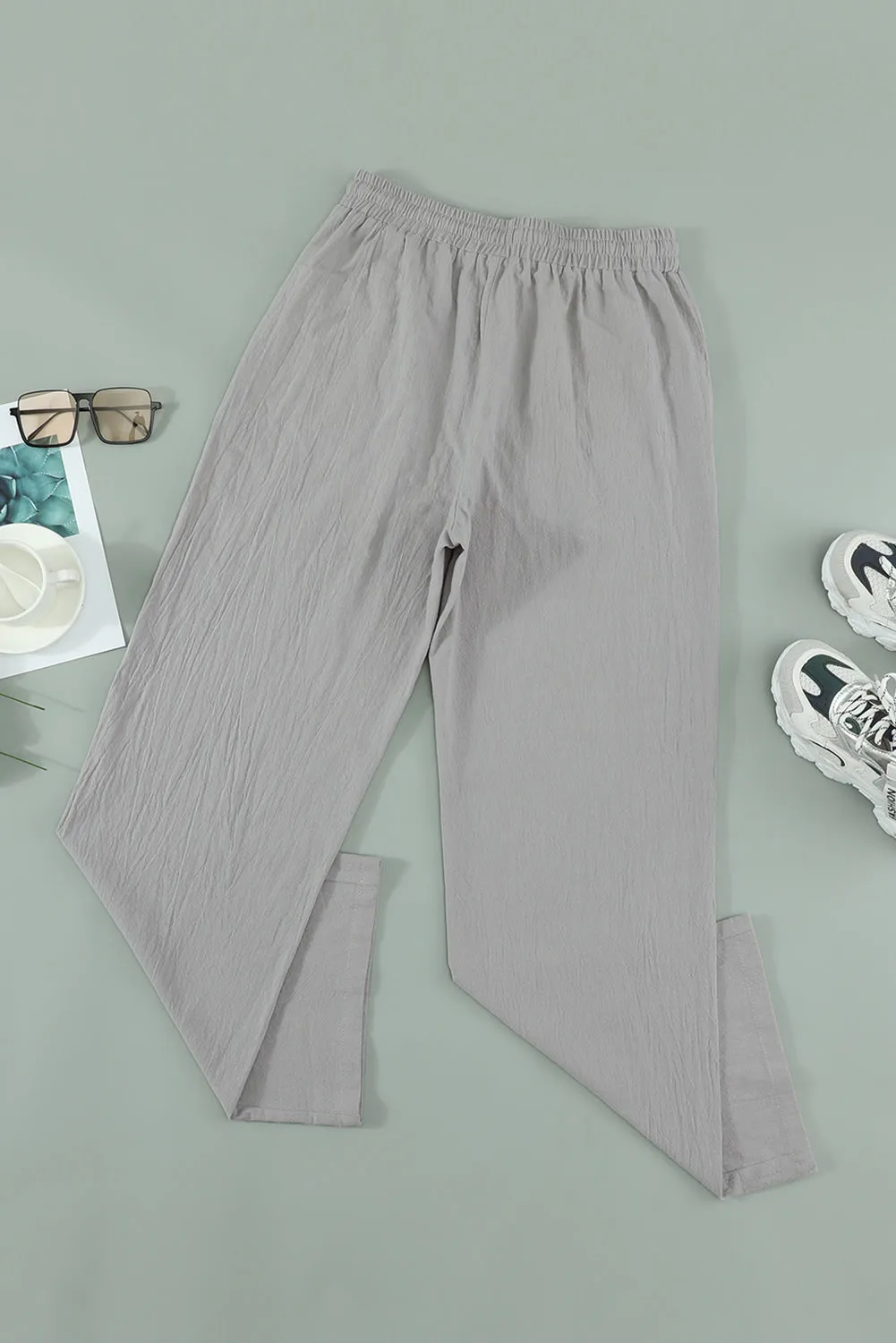 Women's Gray Drawstring Elastic Waist Pockets Long Straight Legs Pants