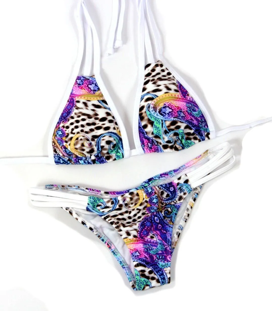Women's Swimsuit Bikini Set Two Piece Purple Animal Print Scrunch Back