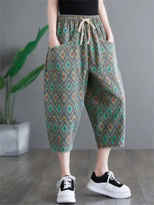 Women's Vacation Green Diamond Elastic Waist Denim Cropped Pants