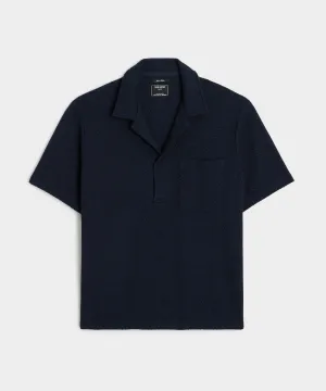 Wool Cotton Knit Herringbone Polo in Classic Navy