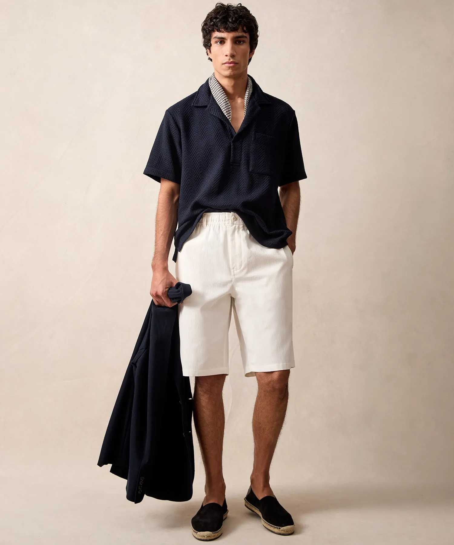 Wool Cotton Knit Herringbone Polo in Classic Navy