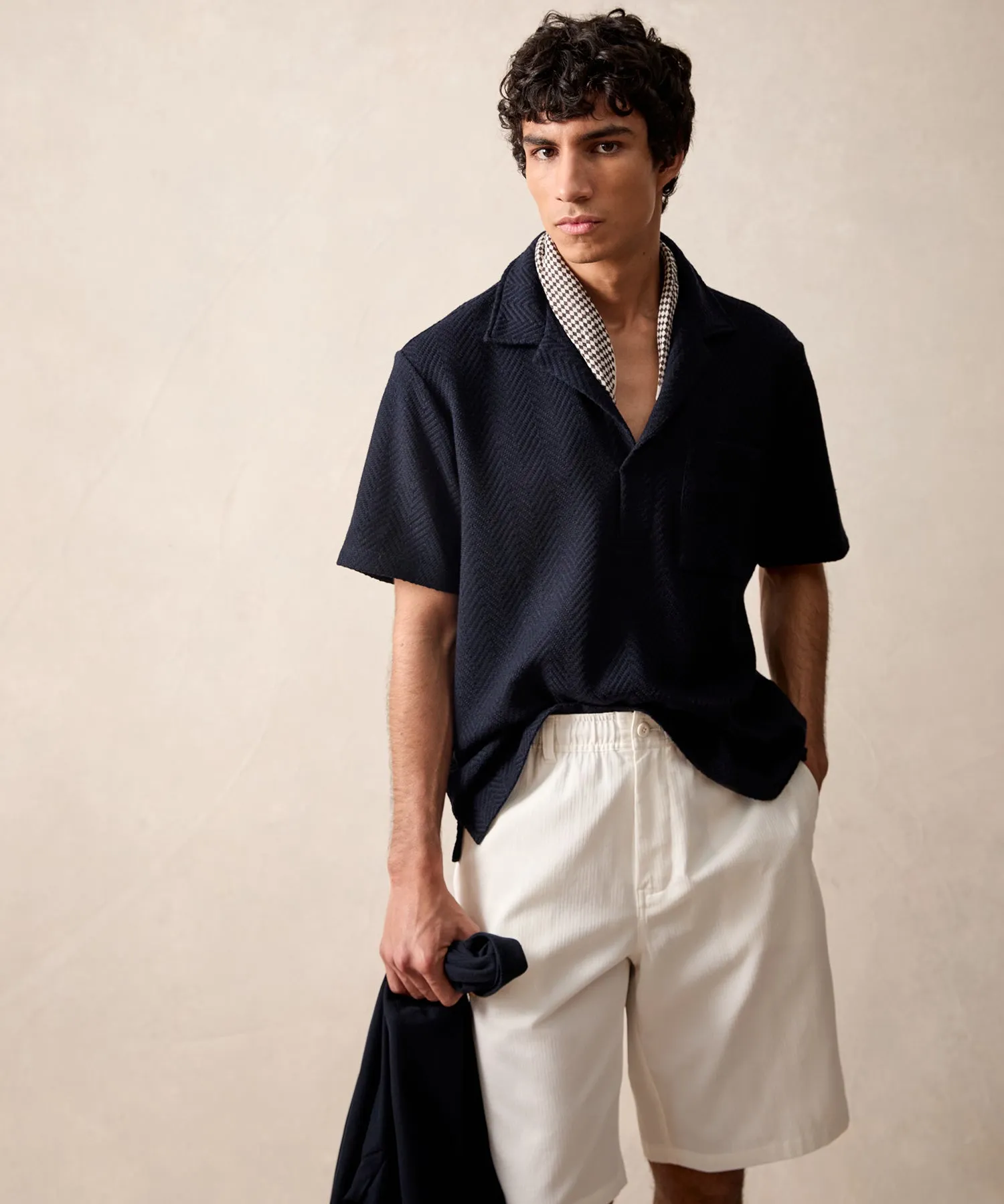 Wool Cotton Knit Herringbone Polo in Classic Navy