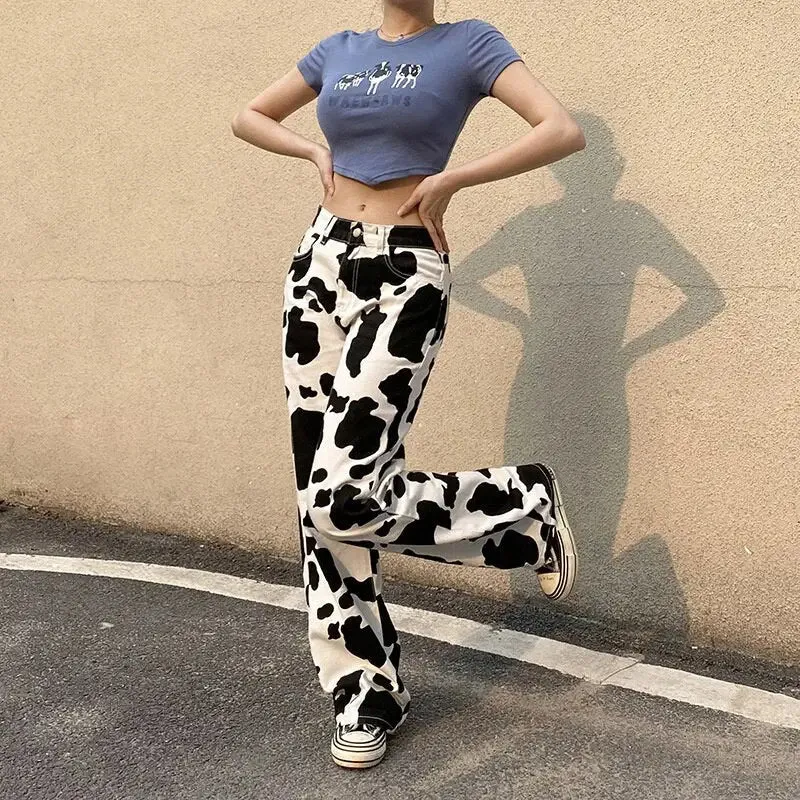 Y2K Jeans with Cowhide Pattern for Streetwear