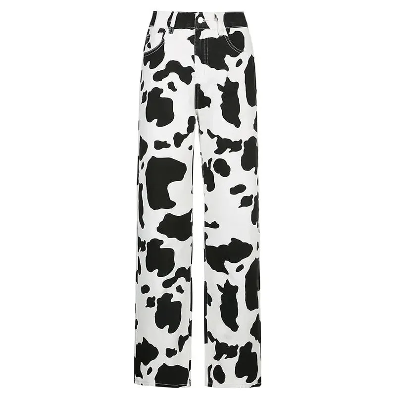 Y2K Jeans with Cowhide Pattern for Streetwear